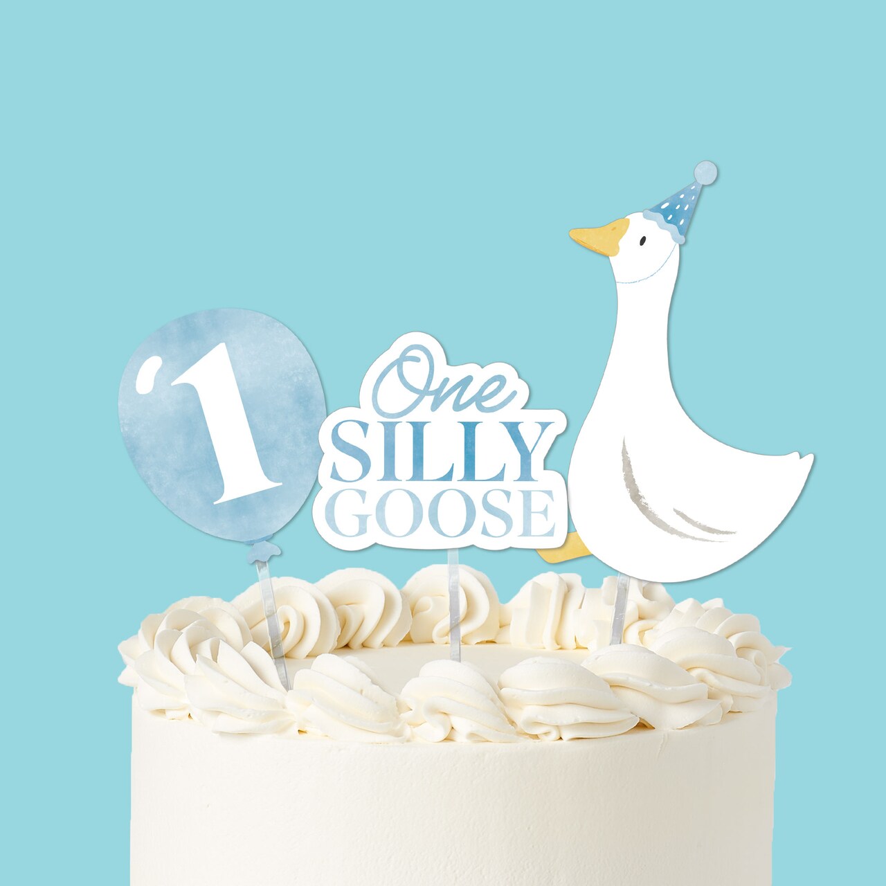 Big Dot of Happiness Blue One Silly Goose Cake Topper Set, Silly Goose Birthday Dessert Decorations for Boy 1st Birthday Party – 3 Count